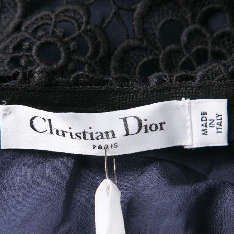Pre Owned Dior Navy Blue and Black Floral Lace Overlay Sleeveless Peplum Top L