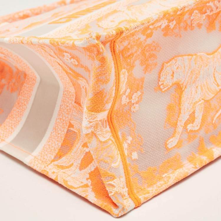 Pre Owned Dior Neon Orange Toile De Jouy Embroidered Mesh Medium Book Tote