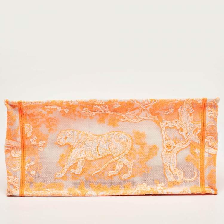 Pre Owned Dior Neon Orange Toile De Jouy Embroidered Mesh Medium Book Tote