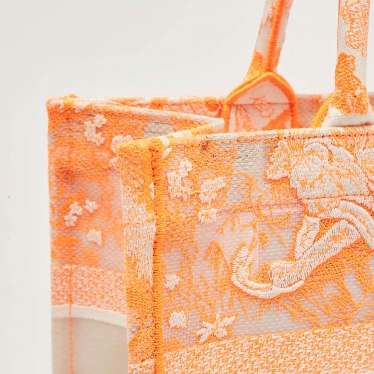 Pre Owned Dior Neon Orange Toile De Jouy Embroidered Mesh Medium Book Tote