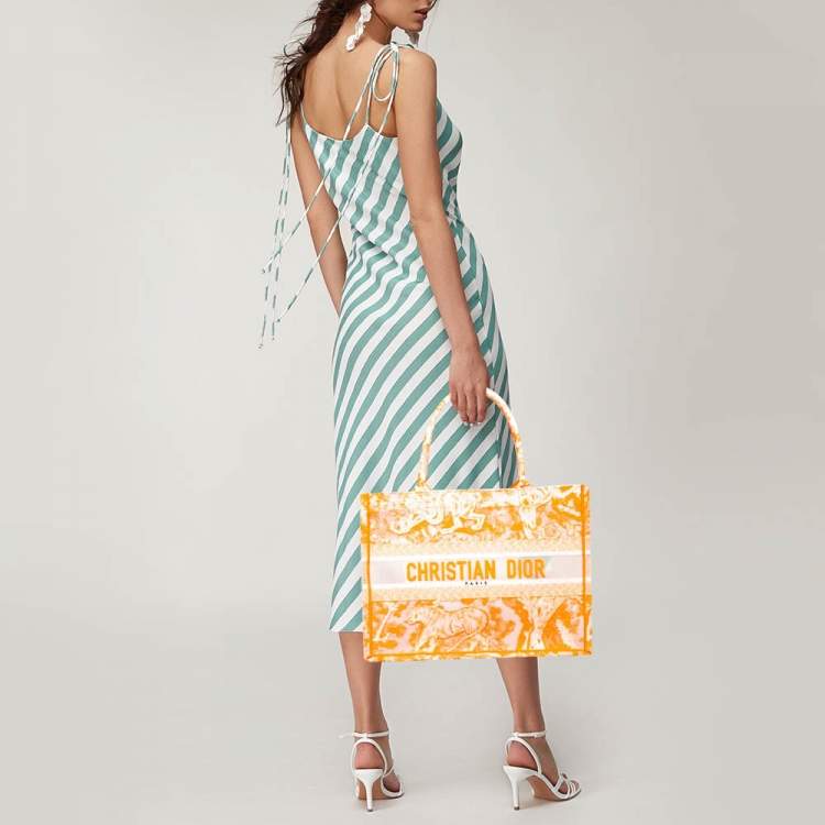Pre Owned Dior Neon Orange Toile De Jouy Embroidered Mesh Medium Book Tote
