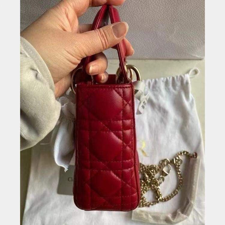 Pre Owned Dior Wine Red Leather Mini Lady Dior Tote Bag