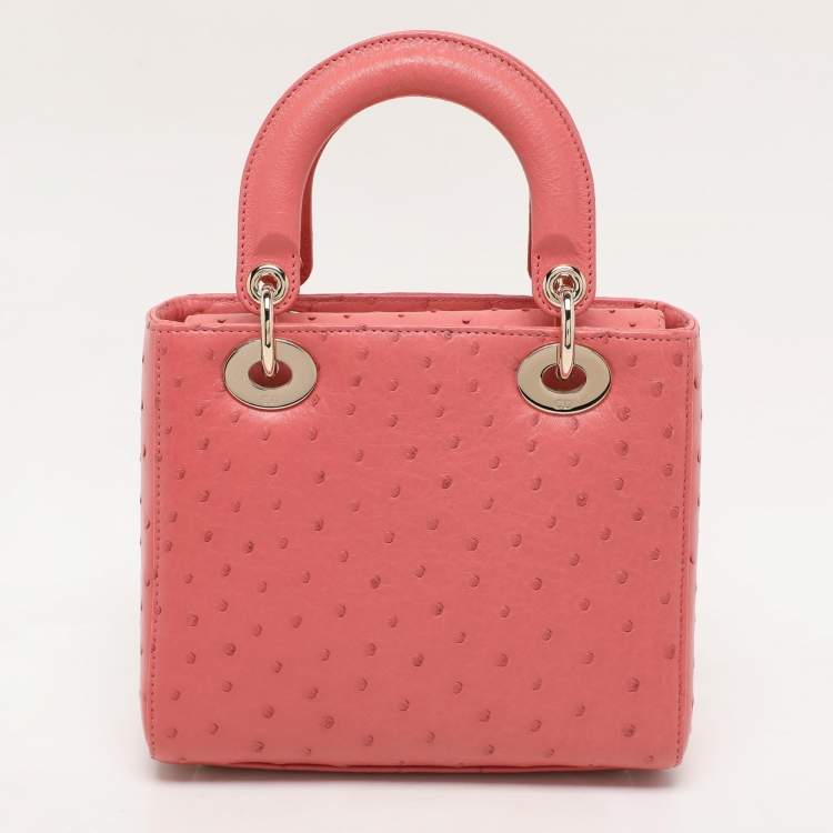 Pre Owned Dior Pink Ostrich Leather Small Lady Dior Tote