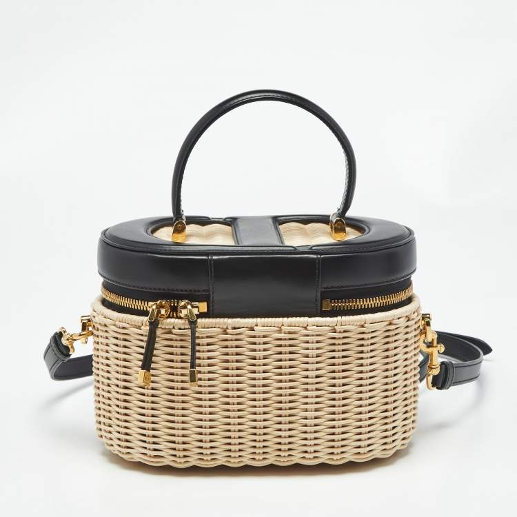 Pre Owned Dior Beige/Black Wicker and Leather CD Vanity Bag