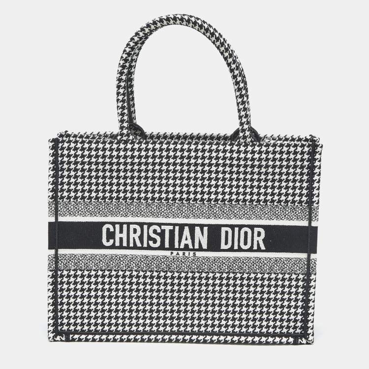 Pre Owned Dior Black/White Houndstooth Embroidered Canvas Medium Book Tote 