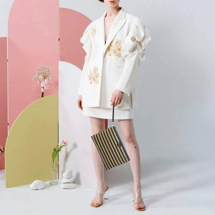 Pre Owned Dior Caro Daily Navy Blue/Beige Canvas and Raffia Pouch