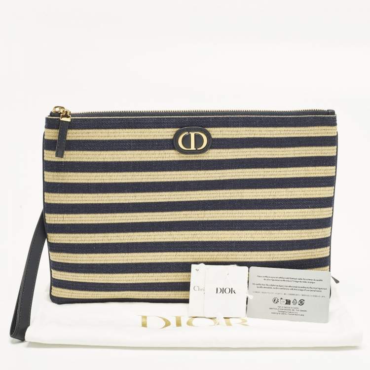 Pre Owned Dior Caro Daily Navy Blue/Beige Canvas and Raffia Pouch