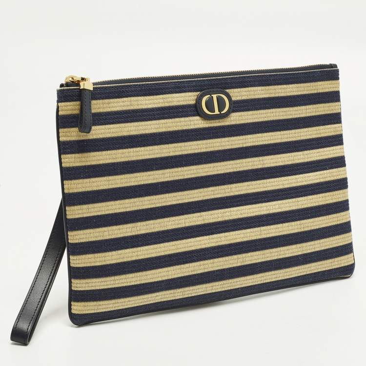 Pre Owned Dior Caro Daily Navy Blue/Beige Canvas and Raffia Pouch