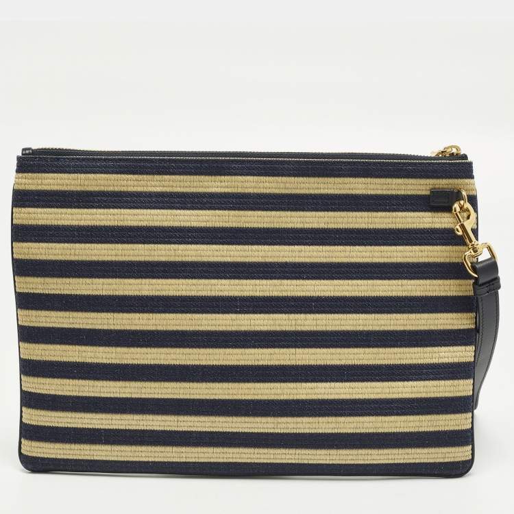 Pre Owned Dior Caro Daily Navy Blue/Beige Canvas and Raffia Pouch