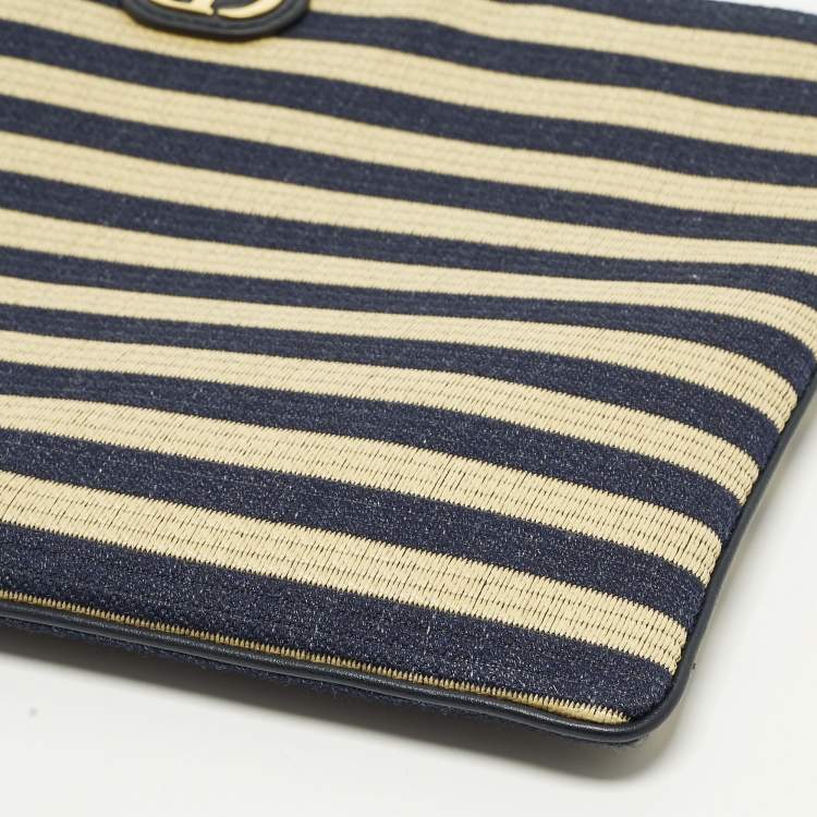 Pre Owned Dior Caro Daily Navy Blue/Beige Canvas and Raffia Pouch