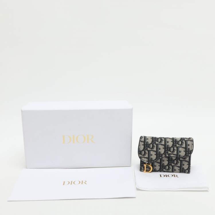 Pre Owned Dior Saddle Navy Blue Oblique Canvas and Leather Card Case