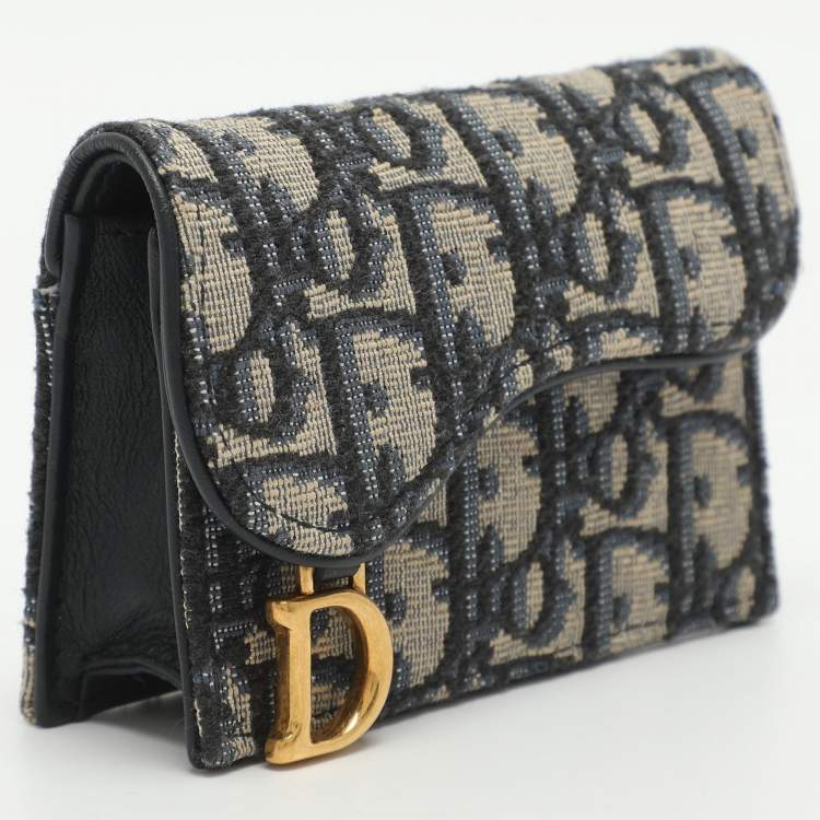 Pre Owned Dior Saddle Navy Blue Oblique Canvas and Leather Card Case