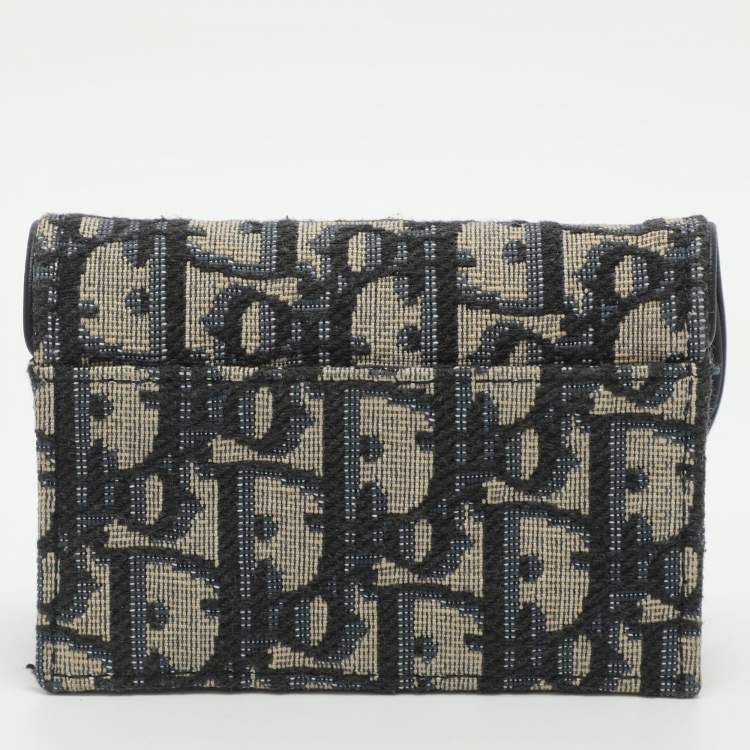 Pre Owned Dior Saddle Navy Blue Oblique Canvas and Leather Card Case