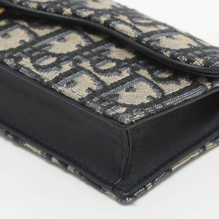 Pre Owned Dior Saddle Navy Blue Oblique Canvas and Leather Card Case