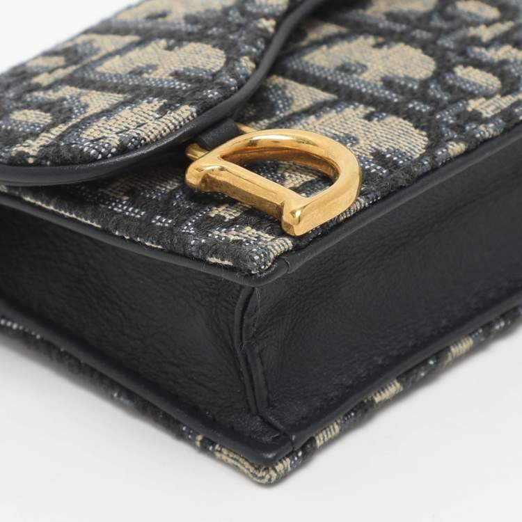 Pre Owned Dior Saddle Navy Blue Oblique Canvas and Leather Card Case