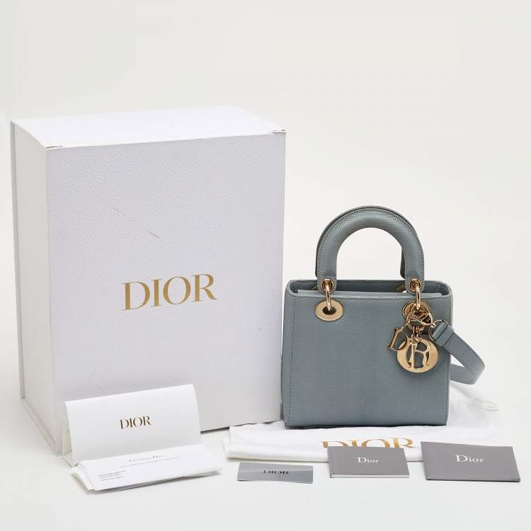 Pre Owned Dior Lady Dior Small Light Grey Lizard Tote