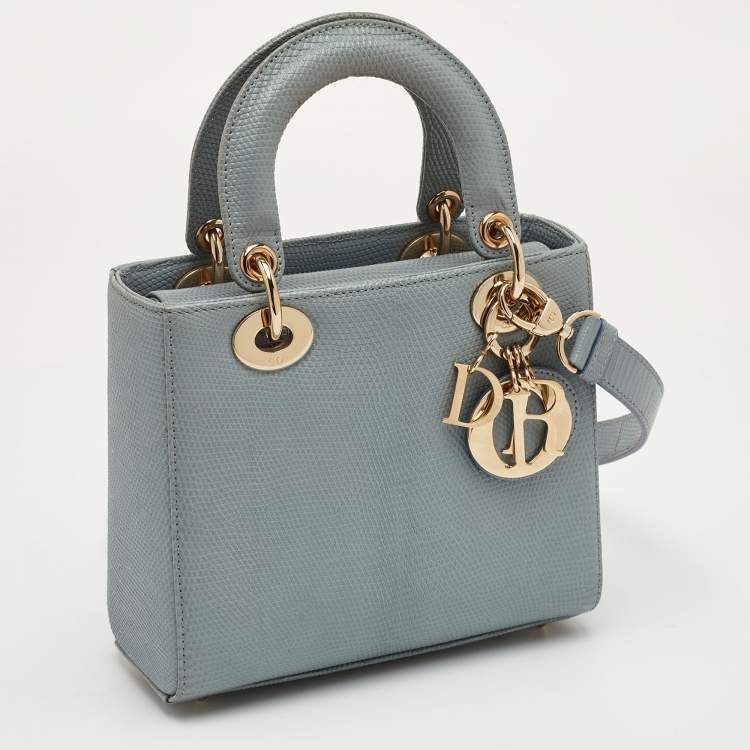 Pre Owned Dior Lady Dior Small Light Grey Lizard Tote