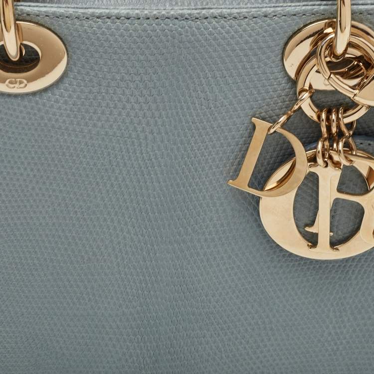 Pre Owned Dior Lady Dior Small Light Grey Lizard Tote