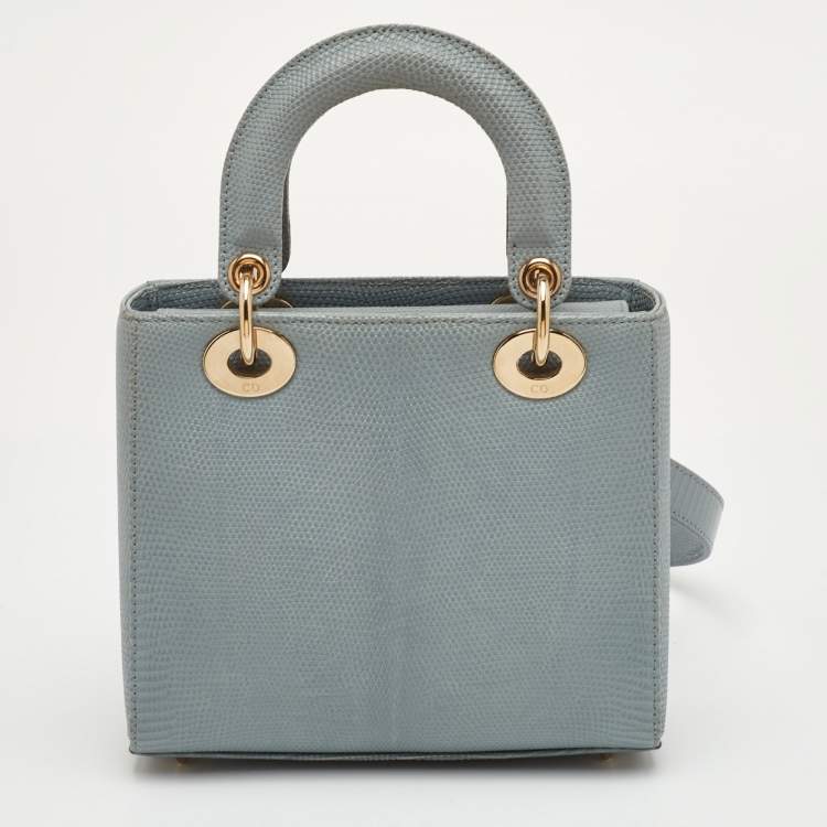 Pre Owned Dior Lady Dior Small Light Grey Lizard Tote