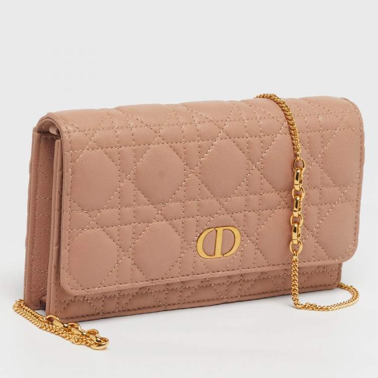 Pre Owned Dior Caro Powder Pink Cannage Leather Pouch With Chain