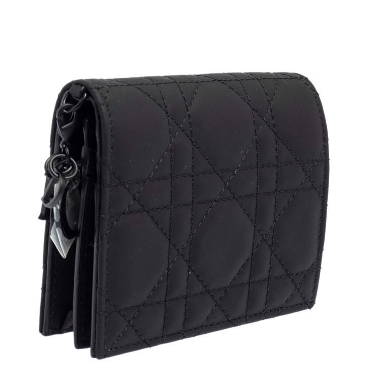 Pre Owned Dior Black Ultramatte Cannage Leather Lady Dior Flap Card Holder