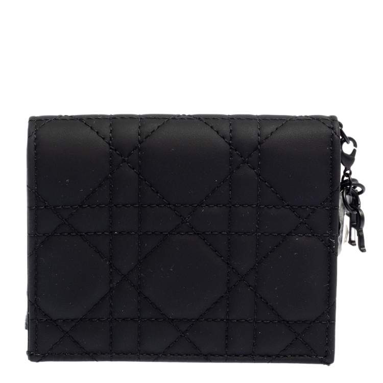 Pre Owned Dior Black Ultramatte Cannage Leather Lady Dior Flap Card Holder