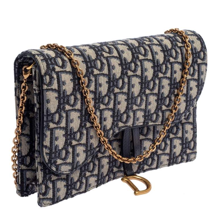 Pre Owned Dior Beige/Blue Oblique Canvas Saddle Wallet On Chain