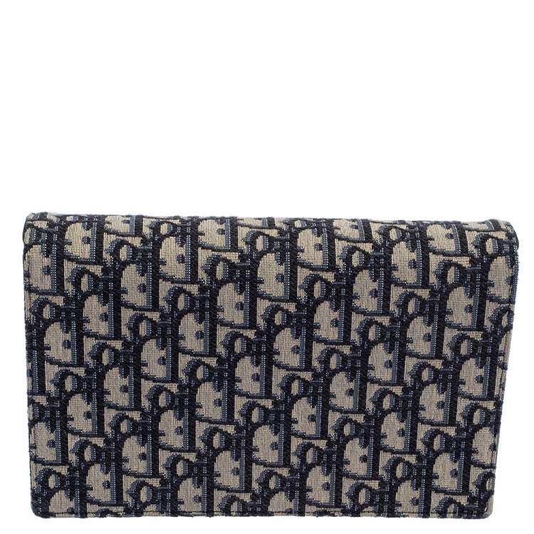 Pre Owned Dior Beige/Blue Oblique Canvas Saddle Wallet On Chain