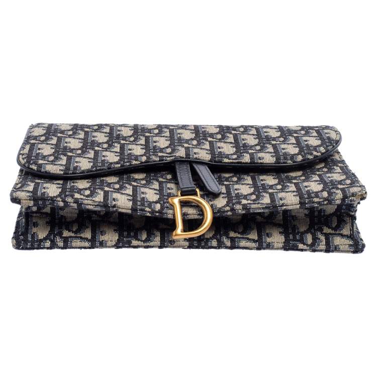 Pre Owned Dior Beige/Blue Oblique Canvas Saddle Wallet On Chain