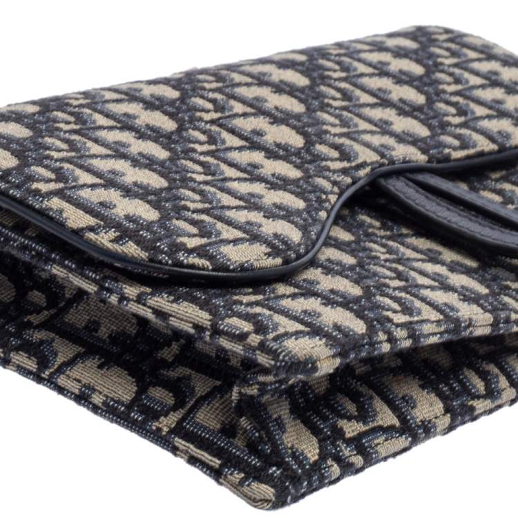 Pre Owned Dior Beige/Blue Oblique Canvas Saddle Wallet On Chain