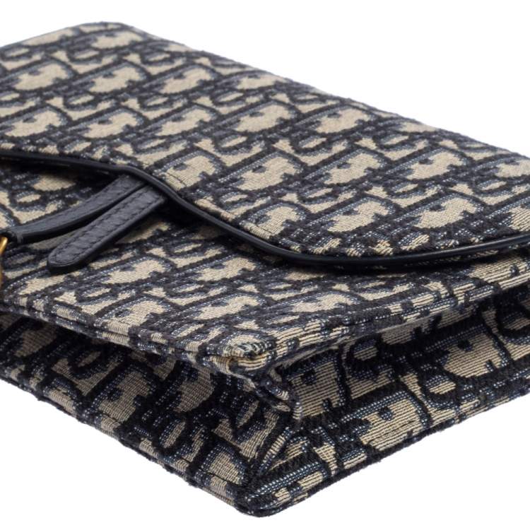Pre Owned Dior Beige/Blue Oblique Canvas Saddle Wallet On Chain