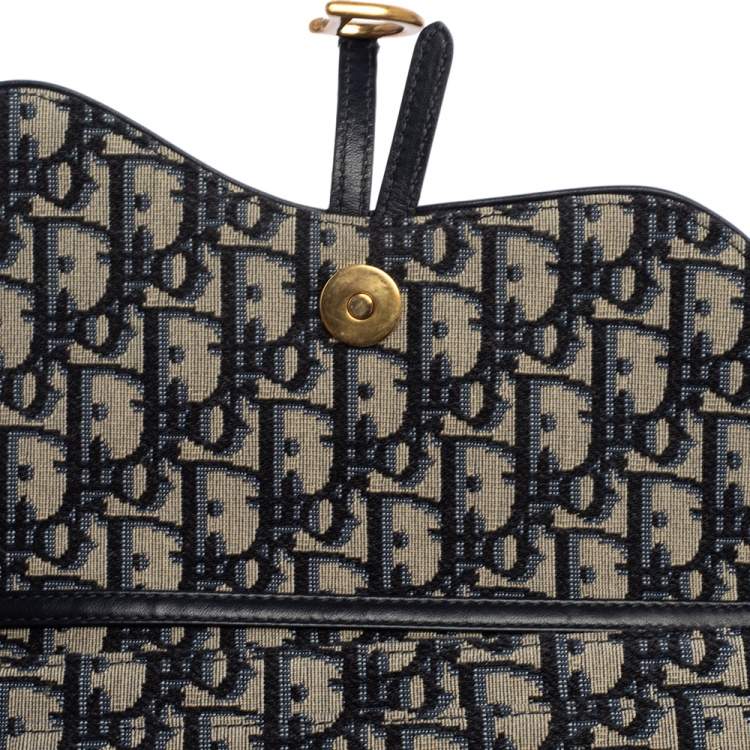 Pre Owned Dior Beige/Blue Oblique Canvas Saddle Wallet On Chain