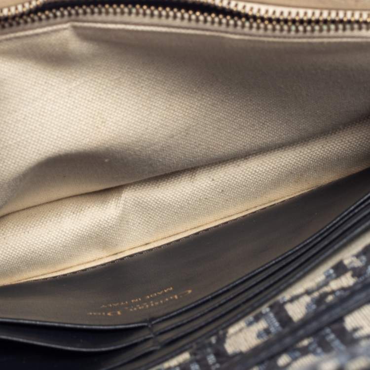 Pre Owned Dior Beige/Blue Oblique Canvas Saddle Wallet On Chain