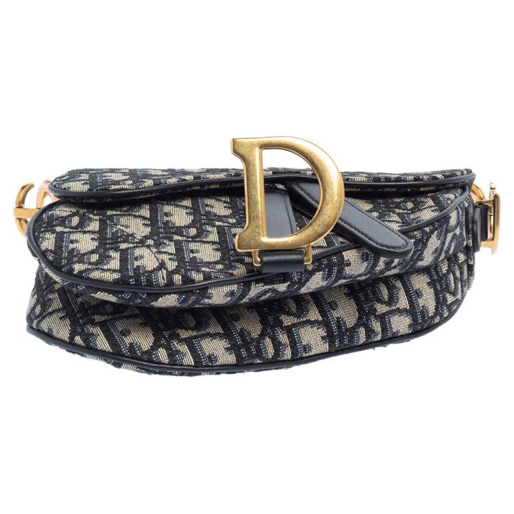 Pre Owned Dior Blue Oblique Canvas and Leather Saddle Bag