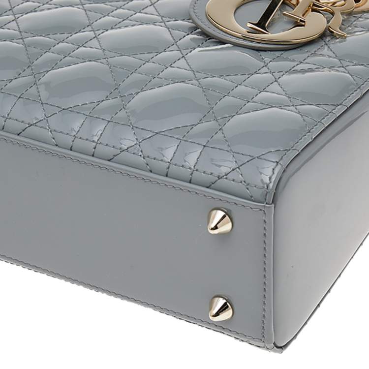 Pre Owned Dior Grey Cannage Quilted Patent Leather Small Lady Dior Bag