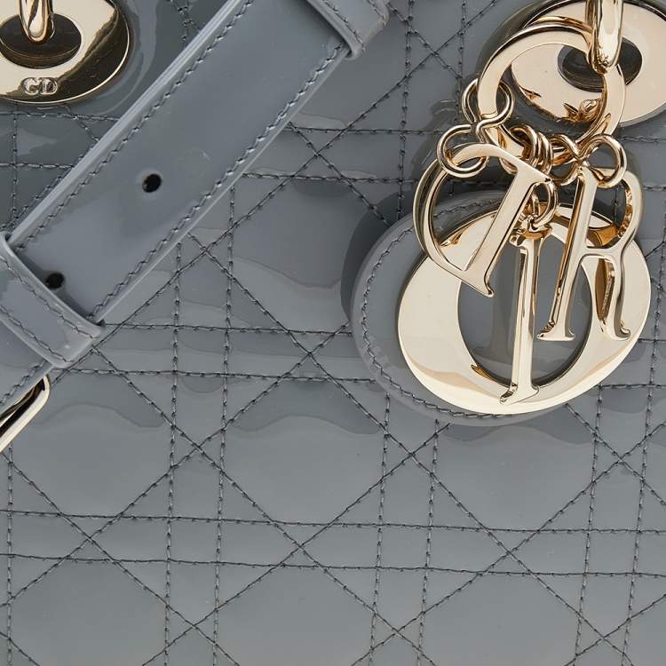 Pre Owned Dior Grey Cannage Quilted Patent Leather Small Lady Dior Bag