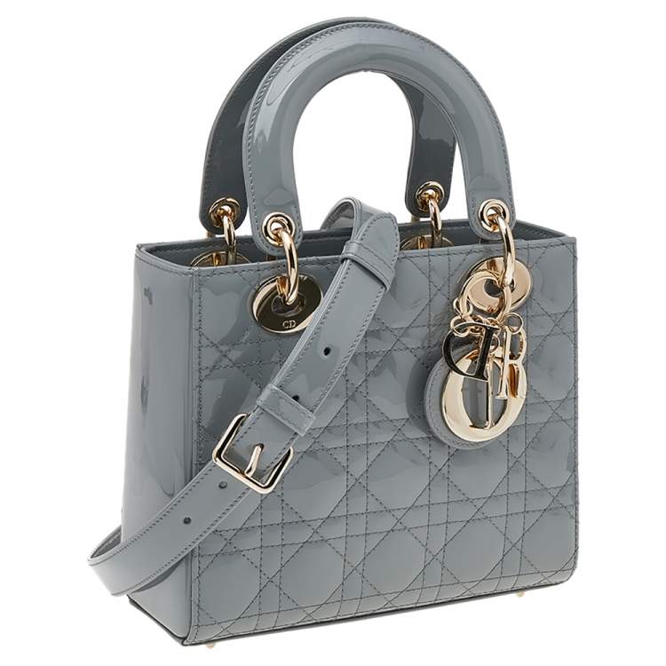 Pre Owned Dior Grey Cannage Quilted Patent Leather Small Lady Dior Bag