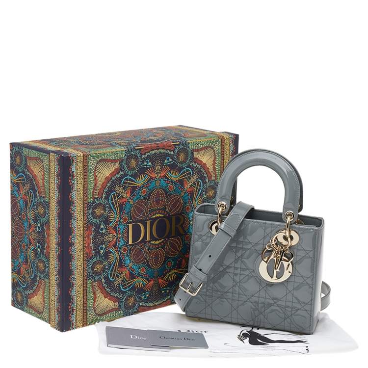 Pre Owned Dior Grey Cannage Quilted Patent Leather Small Lady Dior Bag