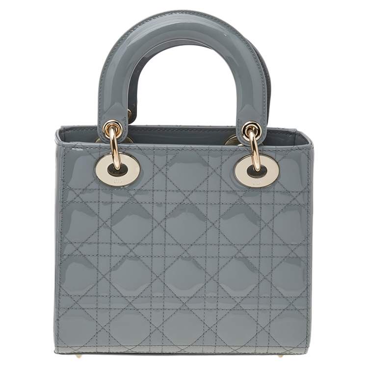 Pre Owned Dior Grey Cannage Quilted Patent Leather Small Lady Dior Bag