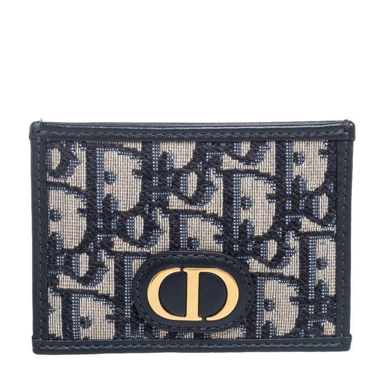 Pre Owned Dior Navy Blue Oblique Canvas and Leather Card Holder