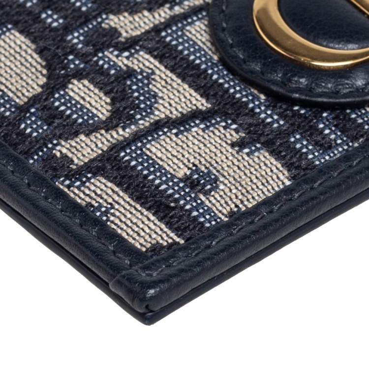 Pre Owned Dior Navy Blue Oblique Canvas and Leather Card Holder