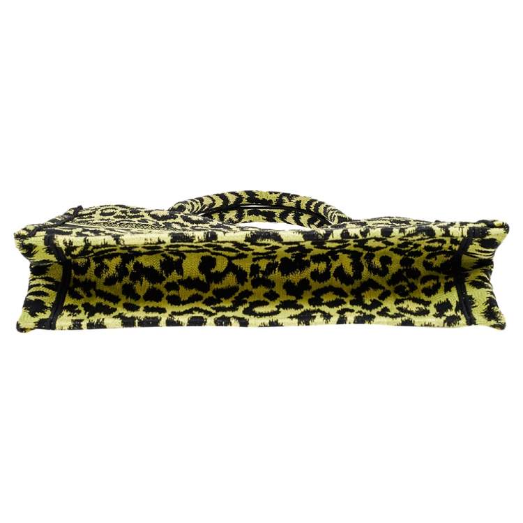 Pre Owned Dior Lime Green Canvas Mizza Embroidered Small Leopard Book Tote