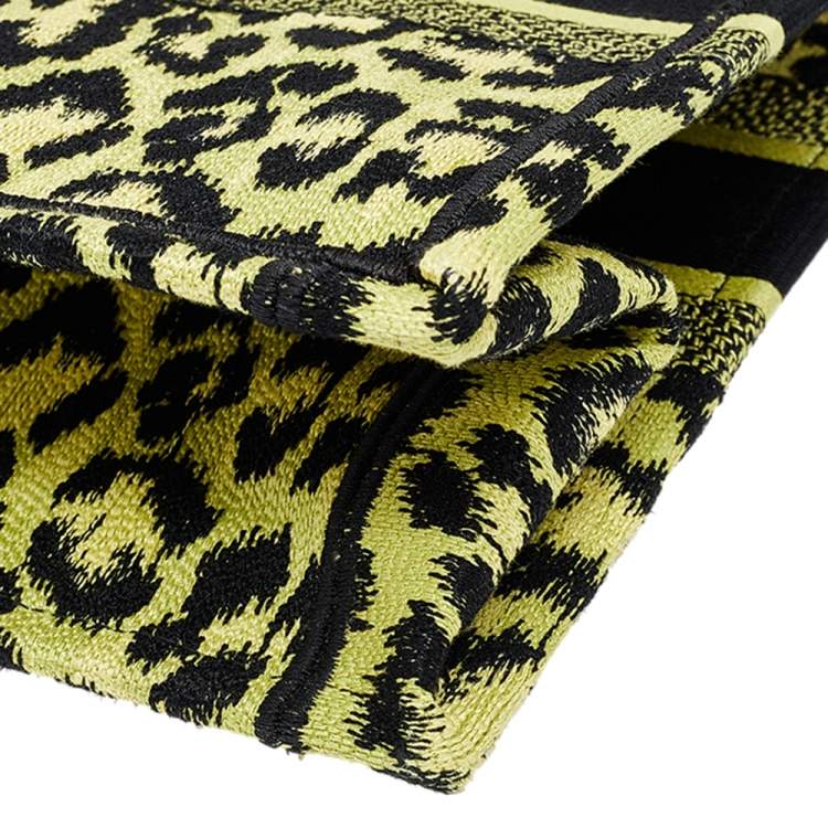 Pre Owned Dior Lime Green Canvas Mizza Embroidered Small Leopard Book Tote