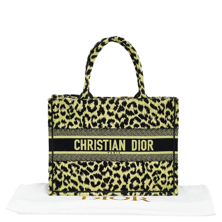 Pre Owned Dior Lime Green Canvas Mizza Embroidered Small Leopard Book Tote