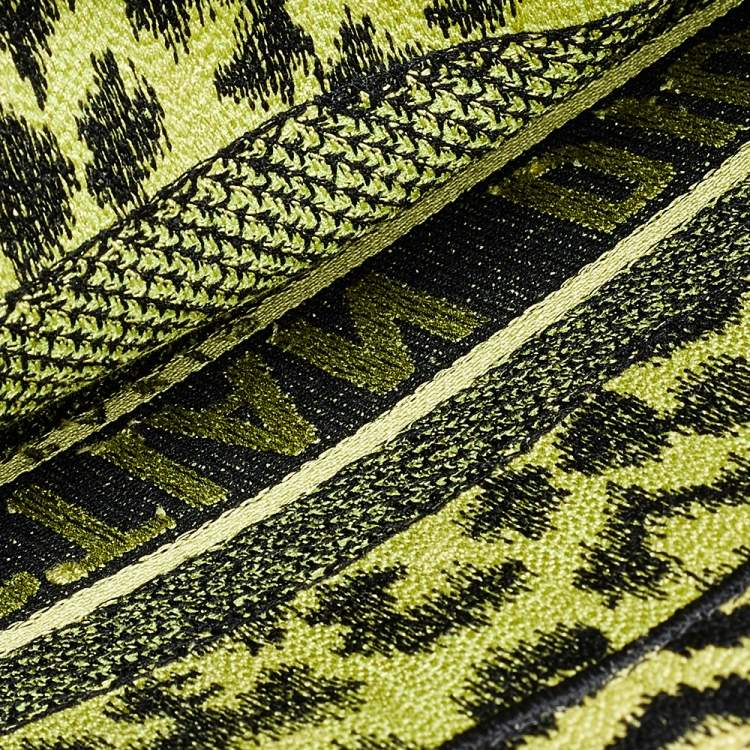 Pre Owned Dior Lime Green Canvas Mizza Embroidered Small Leopard Book Tote