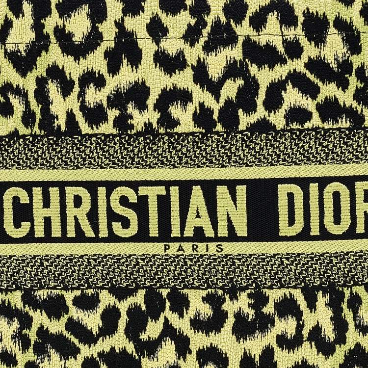 Pre Owned Dior Lime Green Canvas Mizza Embroidered Small Leopard Book Tote