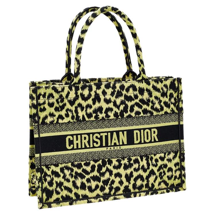 Pre Owned Dior Lime Green Canvas Mizza Embroidered Small Leopard Book Tote