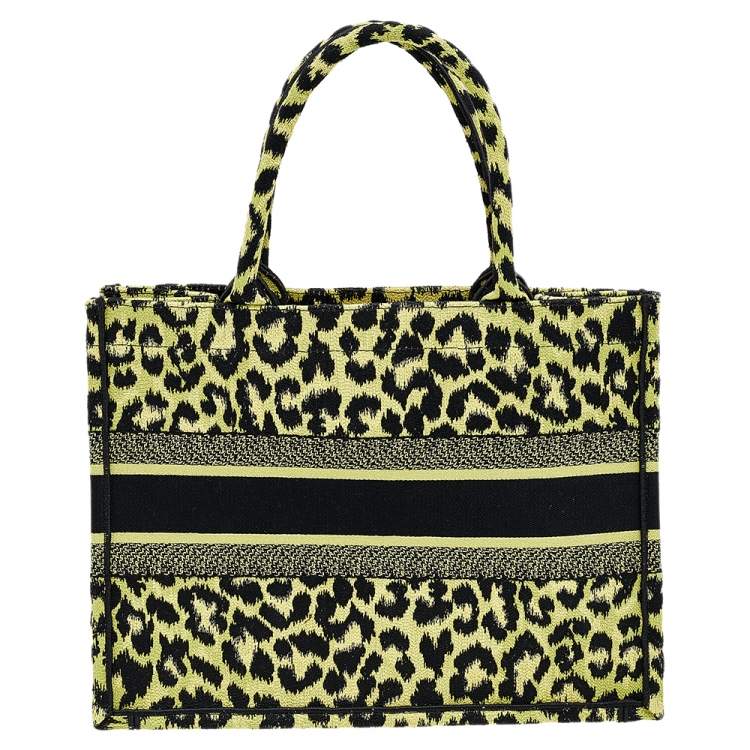 Pre Owned Dior Lime Green Canvas Mizza Embroidered Small Leopard Book Tote