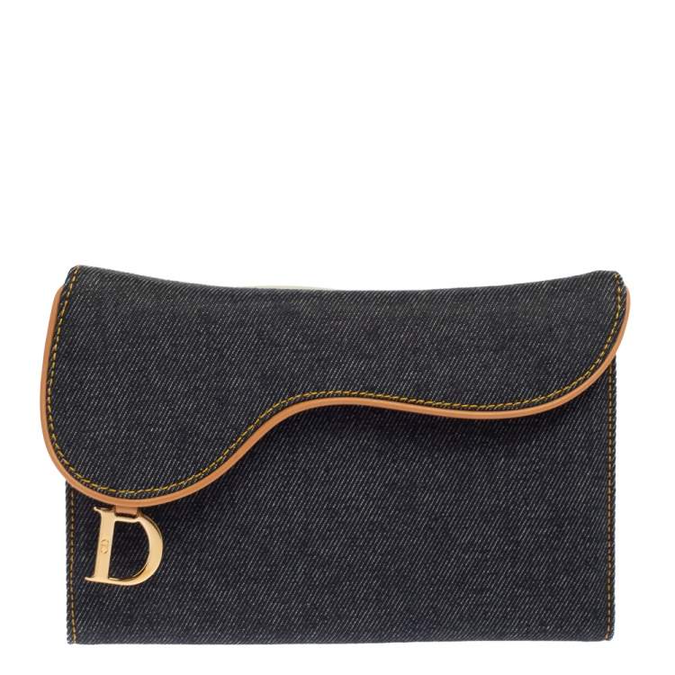 Pre Owned Dior Navy Blue Denim Saddle Trifold Continental Wallet