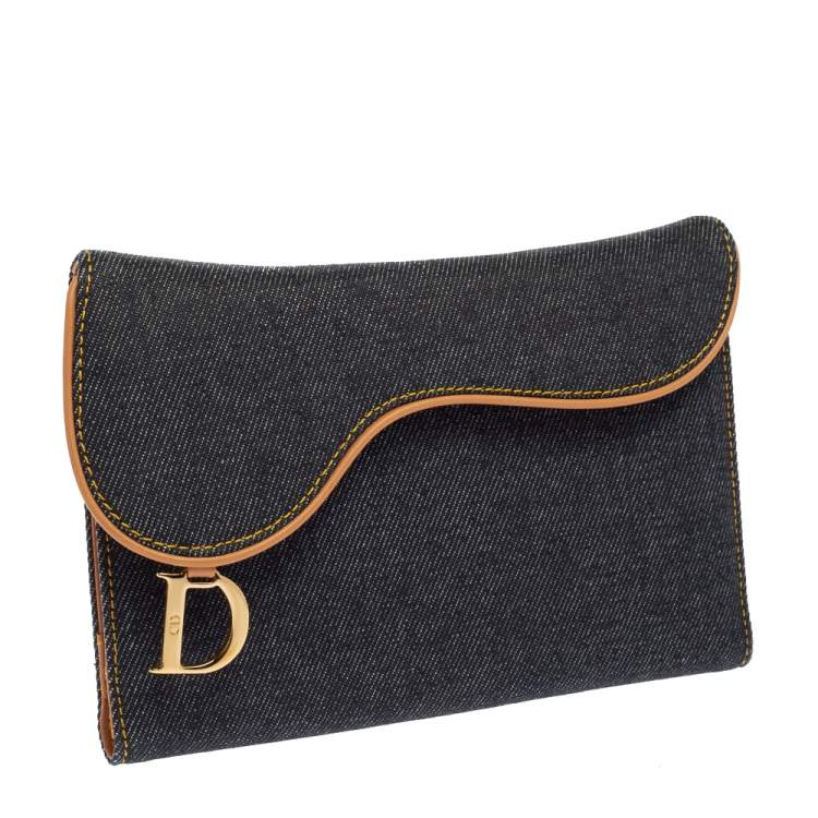 Pre Owned Dior Navy Blue Denim Saddle Trifold Continental Wallet
